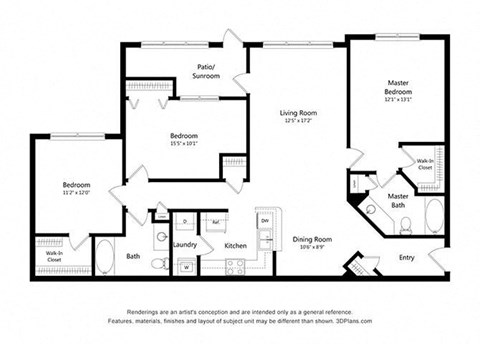 Floor plan for 3 beds, 2 baths, 1424 sqft
